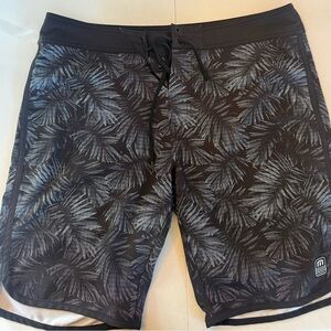 Travis Mathew Black Palm-Print Swim Board Shorts